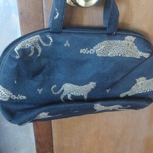 Black Leopard Print Cosmetic Bag with Gold Accent